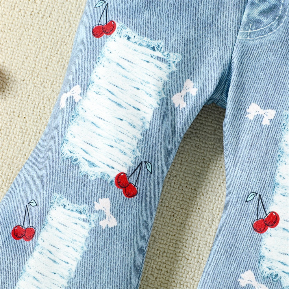 2PCS Summer Cute Cherry Printed Short Sleeve Baby Denim Set