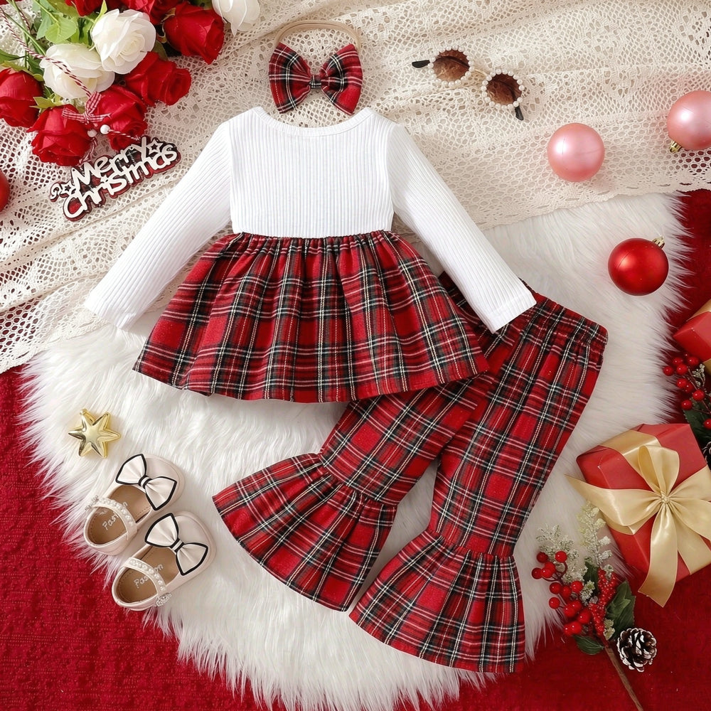3PCS Chic Plaid Printed Bow Long Sleeve Baby Girl Set