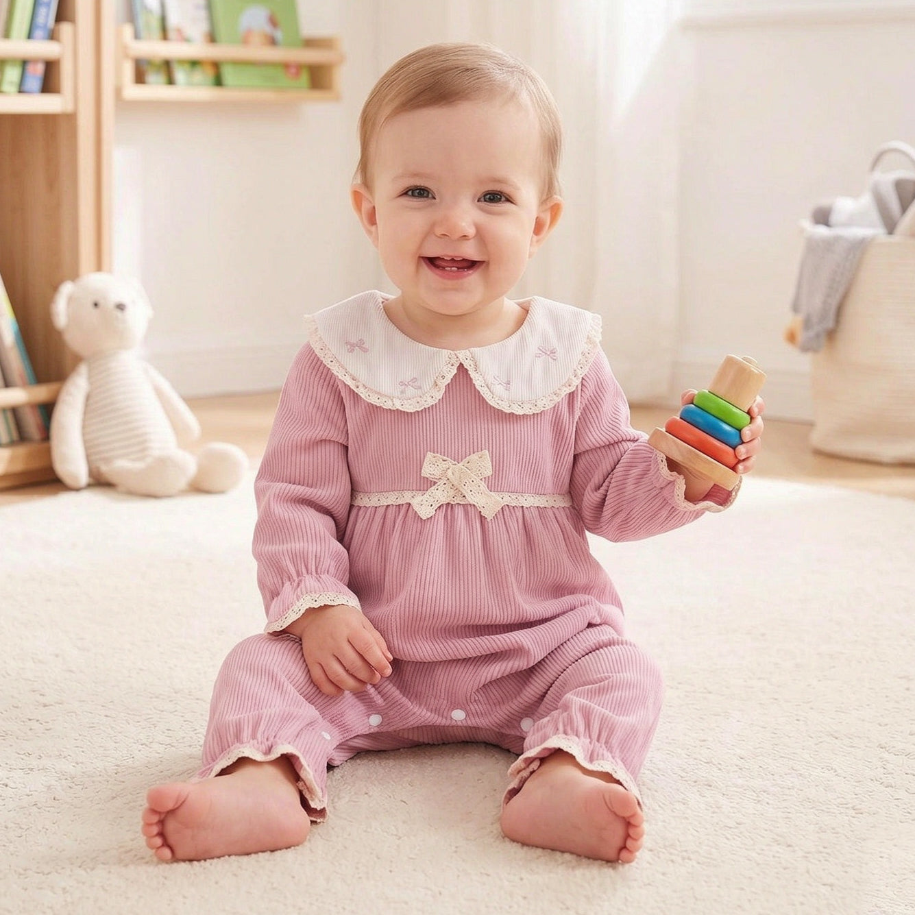Elegant Bow Embroidery and Lace Trim Long Sleeve Baby Jumpsuit