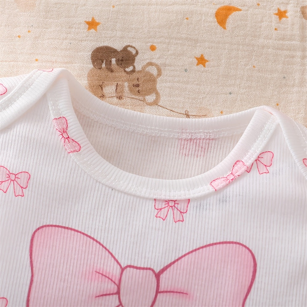 3PCS Elegant Bow Printed Flutter Sleeve Baby Set