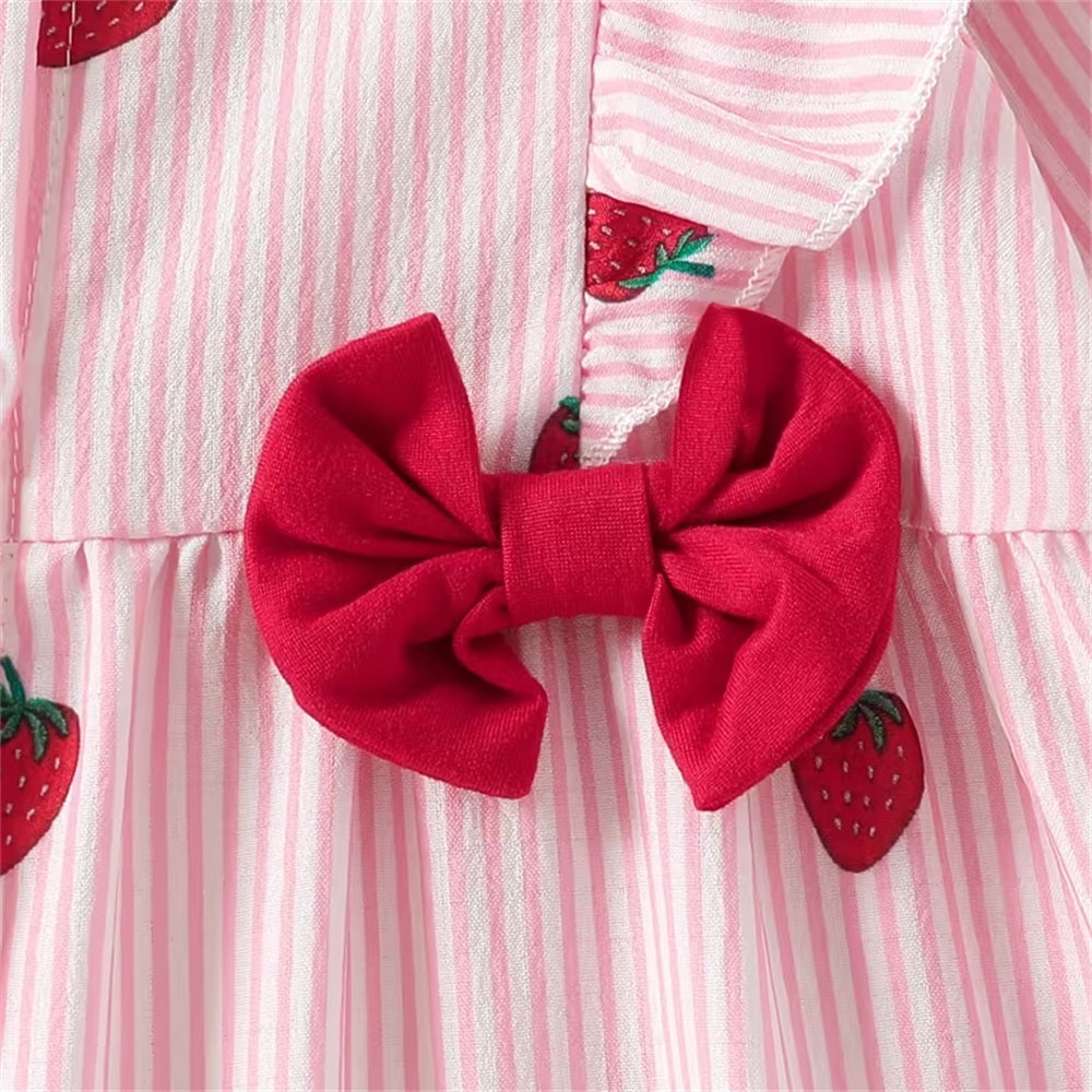 2PCS Casual Stripe Strawberry Print Long Sleeve Baby Jumpsuit