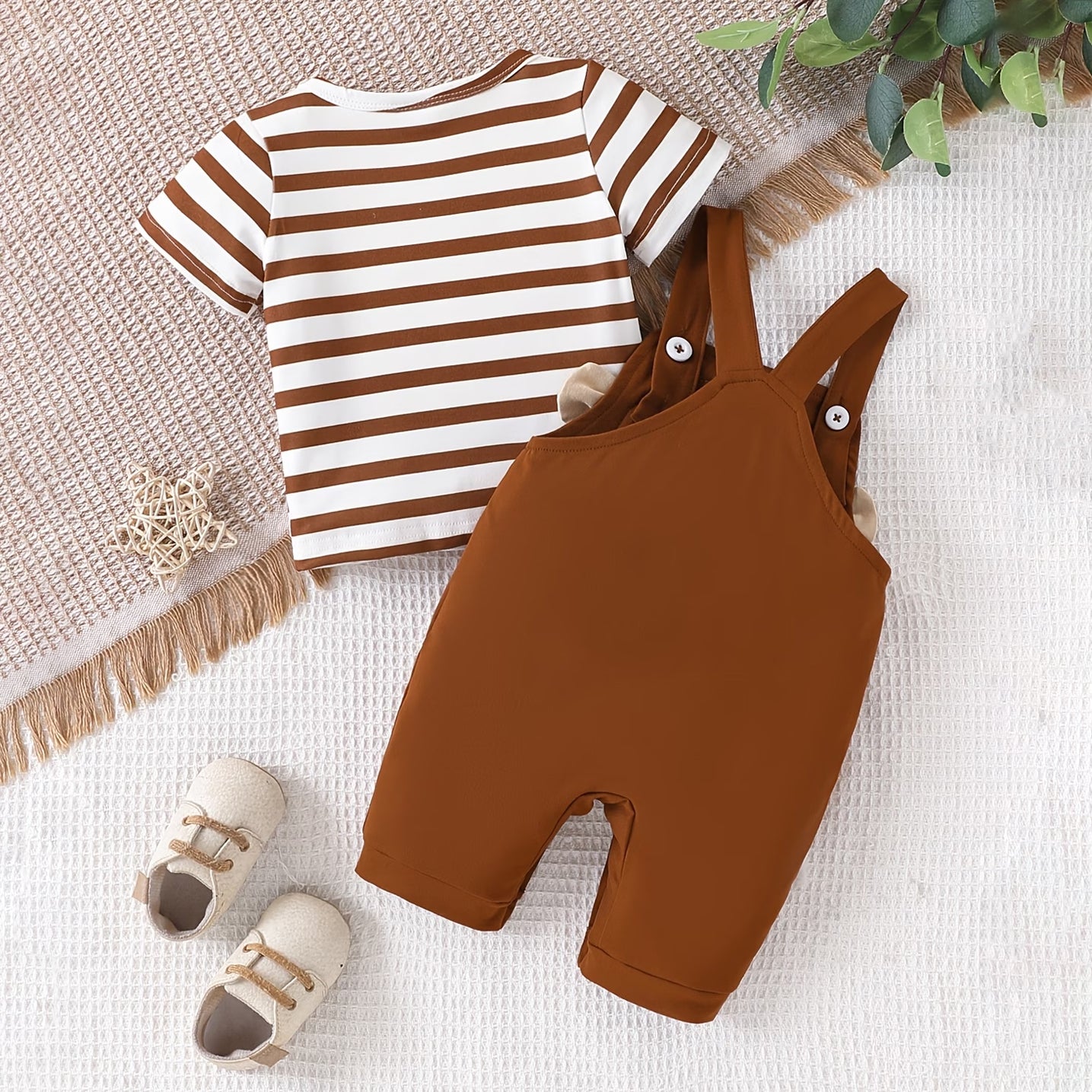 2PCS Monkey and Stripe Print Short Sleeve Baby Overalls Set