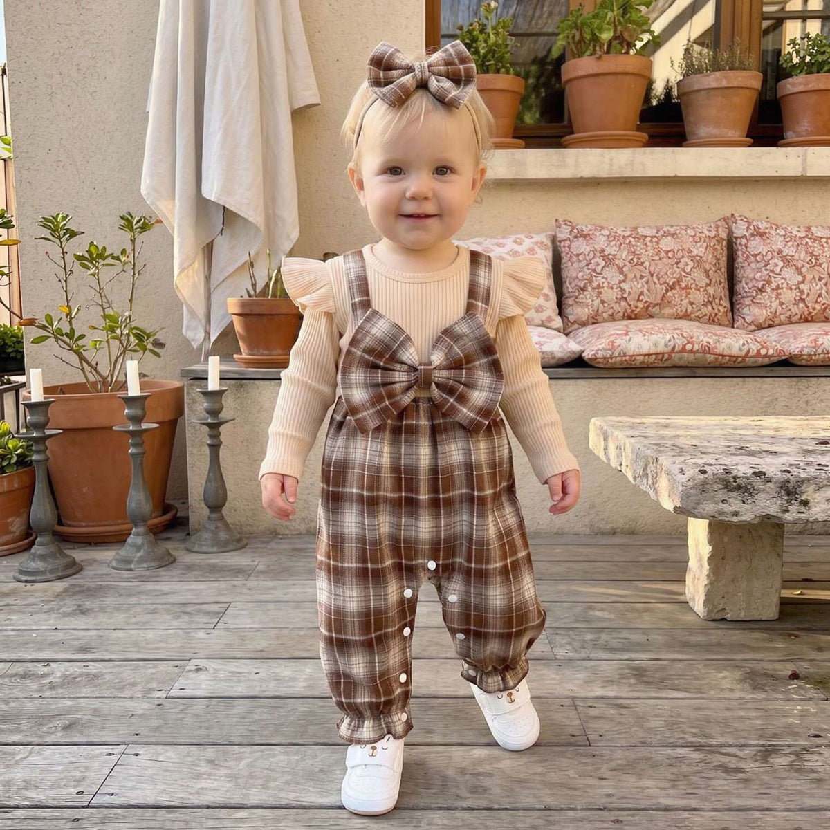 2PCS Nostalgic Plaid Print Faux-Layer Long Sleeve Baby Jumpsuit
