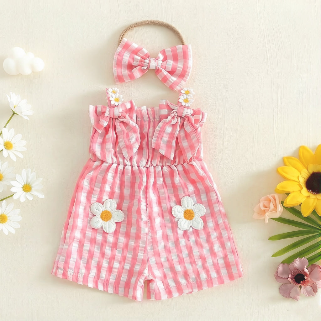 2PCS Pretty Floral Appliqué Plaid Print Sleeveless Baby Jumpsuit