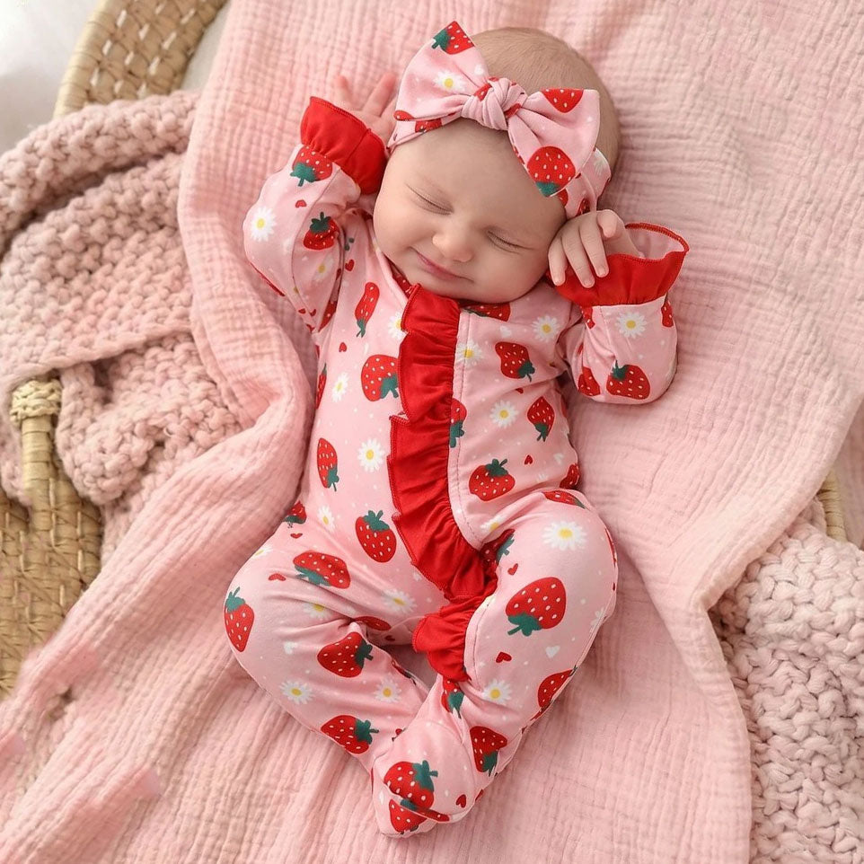 2PCS Bubbly Strawberry Print Long Sleeve Zipper Baby Jumpsuit