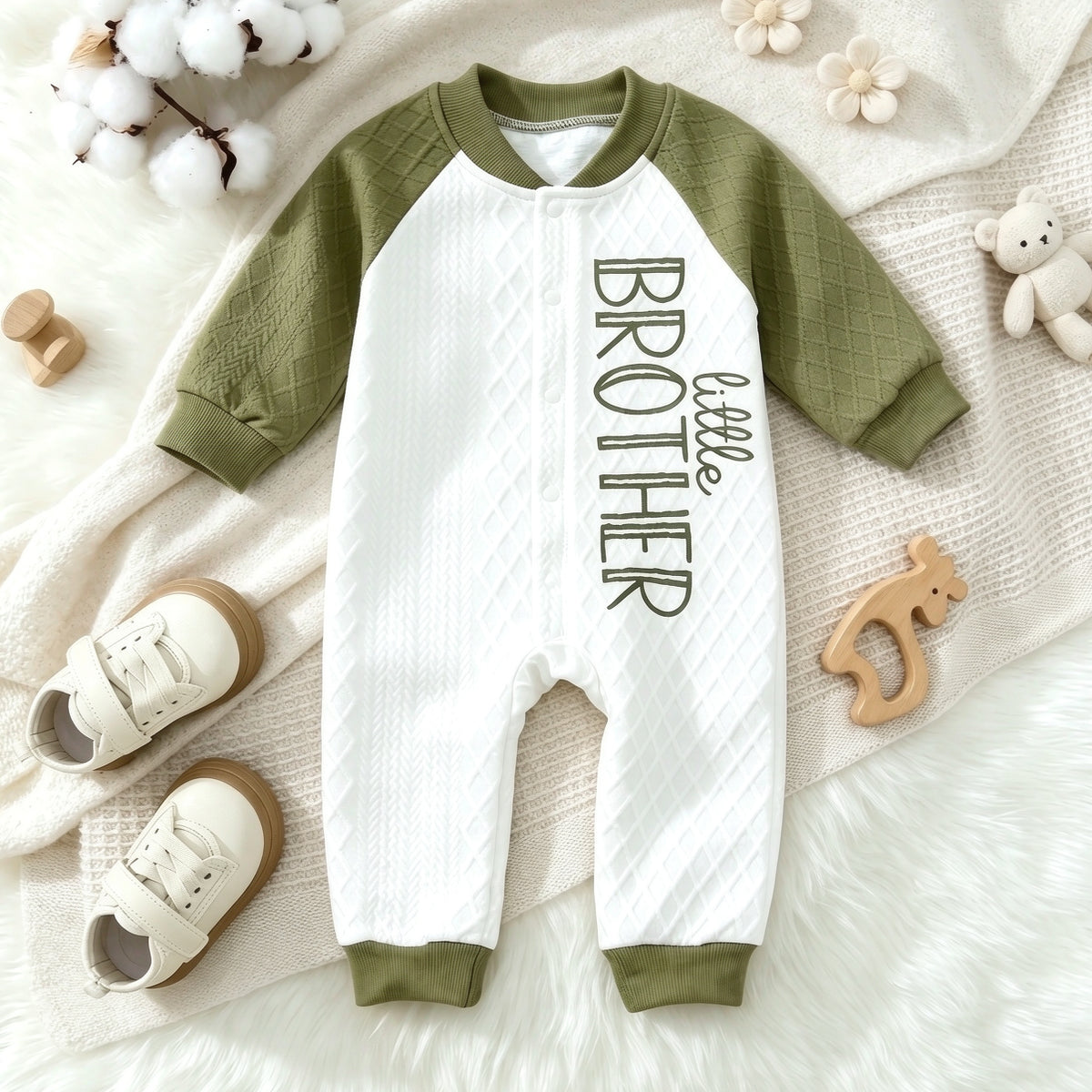 Little Brother Letter Printed Color Block Long Sleeve Baby Jumpsuit