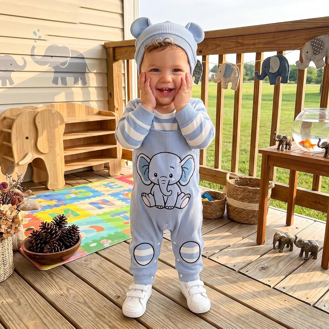 2PCS Cute Elephant Print Striped Long Sleeve Baby Jumpsuit