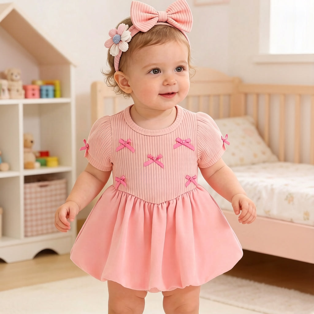 2PCS Adorable Bowknot Appliqué Solid Color Baby Dress