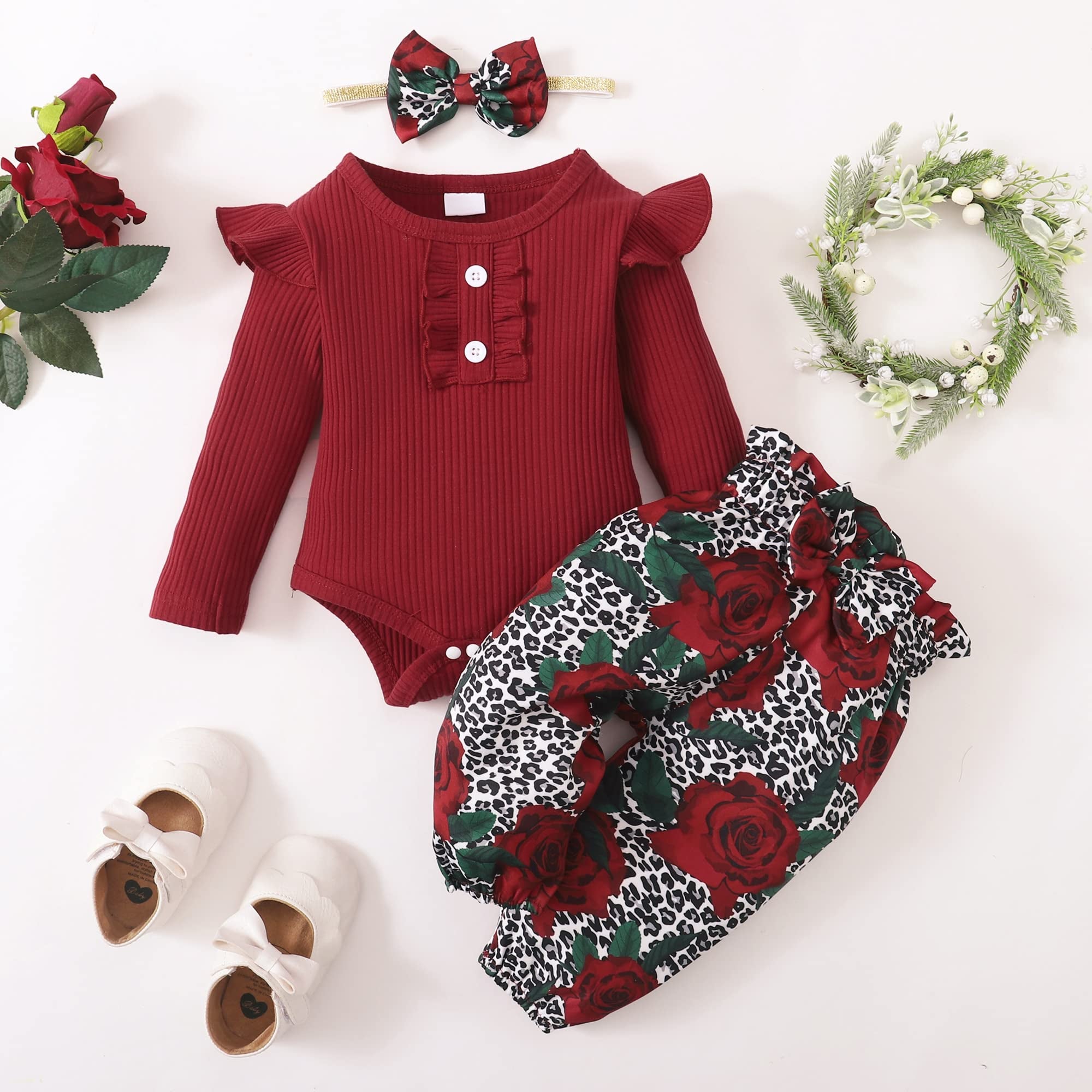 3PCS Refined Floral Print Long Sleeve Baby Set