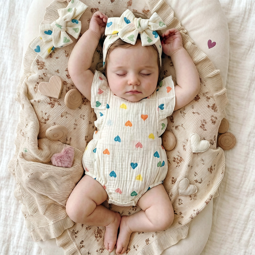 2PCS Casual All-over Heart Print Flutter Sleeve Baby Romper