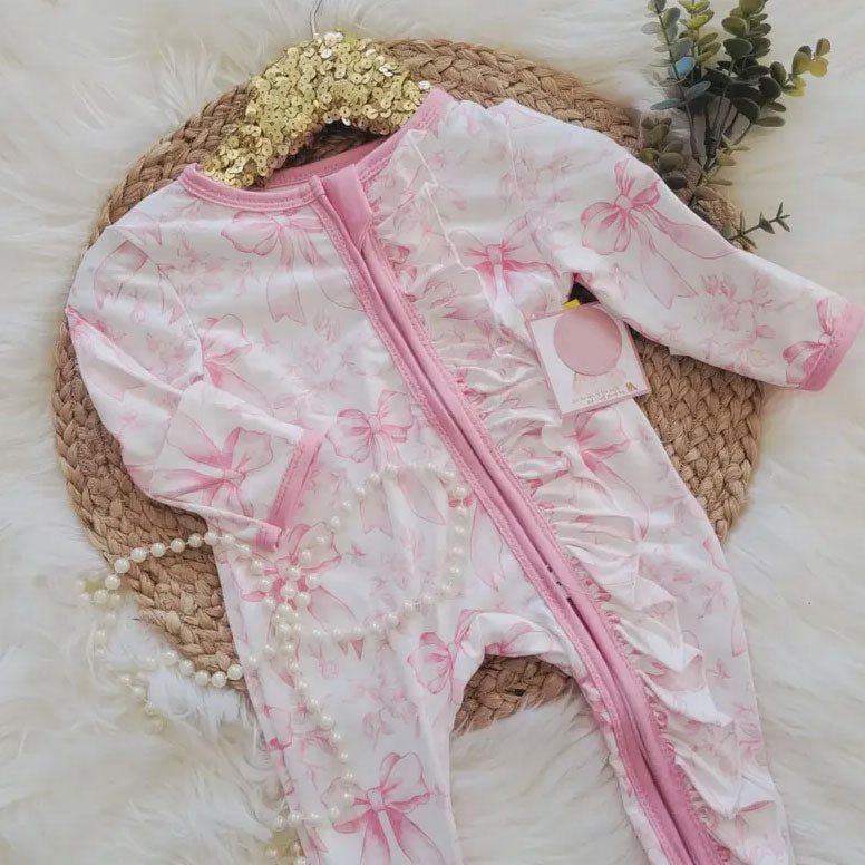Bubbly Bow Printed Long Sleeve Zipper Baby Girl Jumpsuit