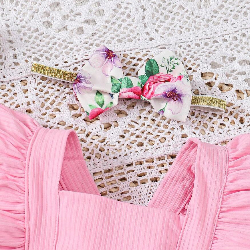 2PCS Playful Floral Print Bowknot Flutter Sleeve Baby Romper