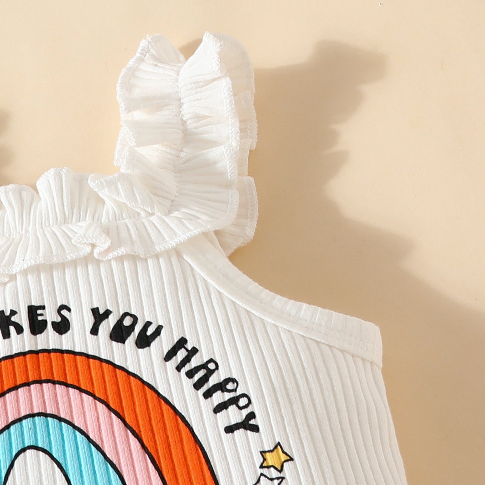 3PCS Happy Phrase Rainbow & Floral Print Sleeveless Baby Set