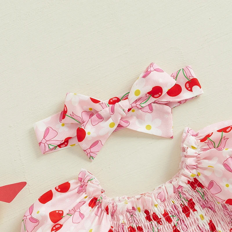 2PCS Cute Bowknot Cherry Printed Short Sleeve Baby Romper