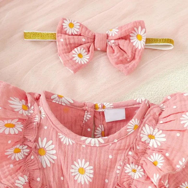 2PCS Cute Daisy Print Bow Short Sleeve Baby Jumpsuit