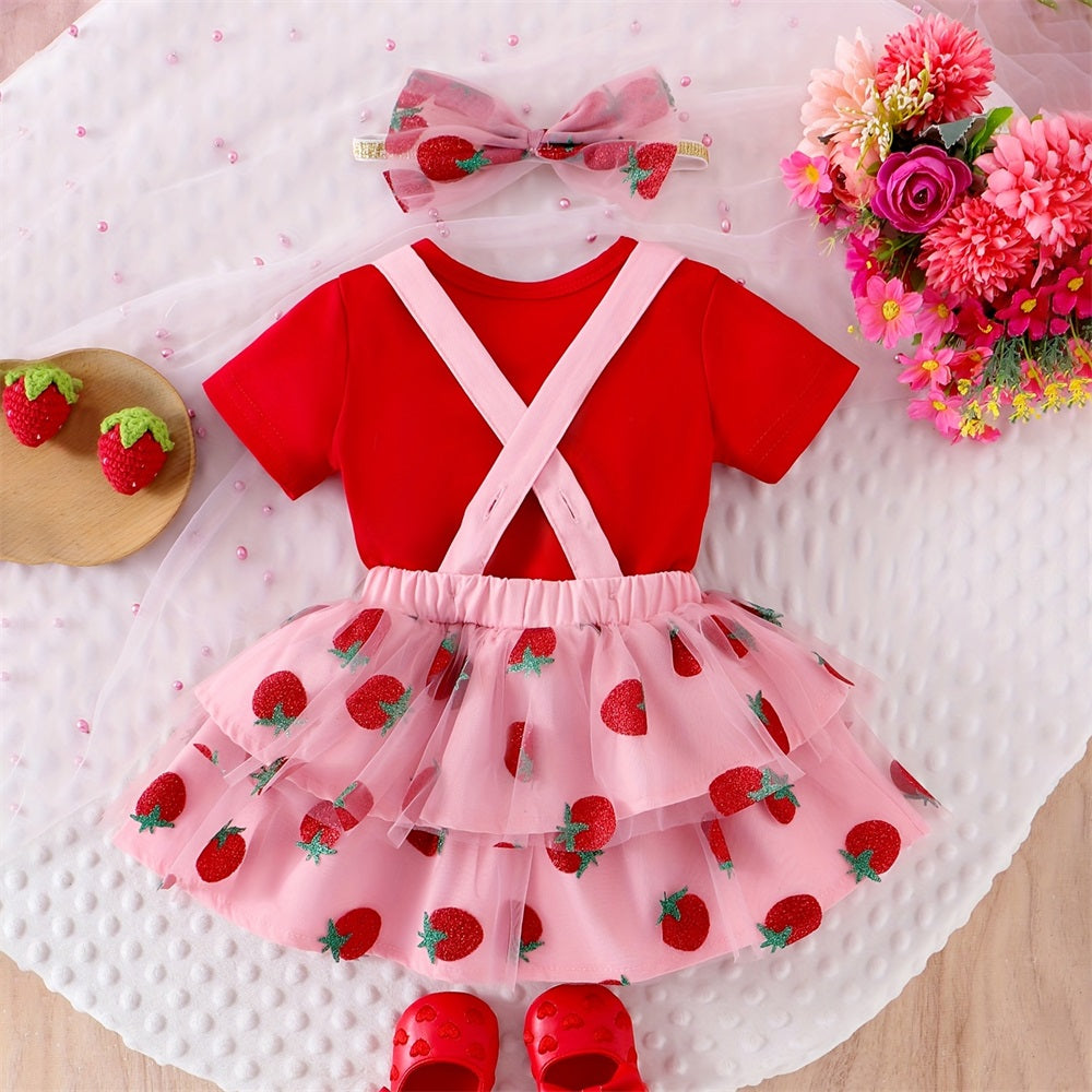 3PCS Sweet Strawberry Printed Short Sleeve Tulle Skirt Baby Set