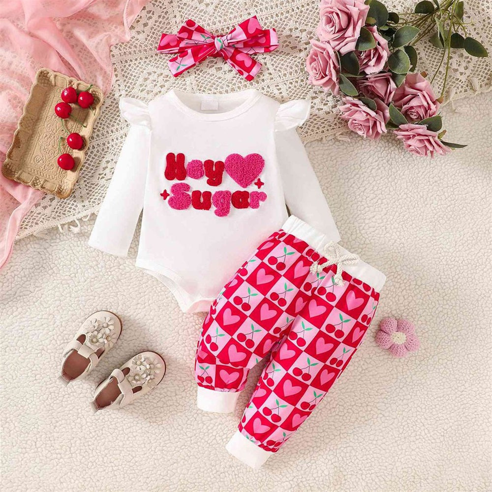 3PCS Hey Sugar Letter Embroidery Heart Print Long Sleeve Baby Set