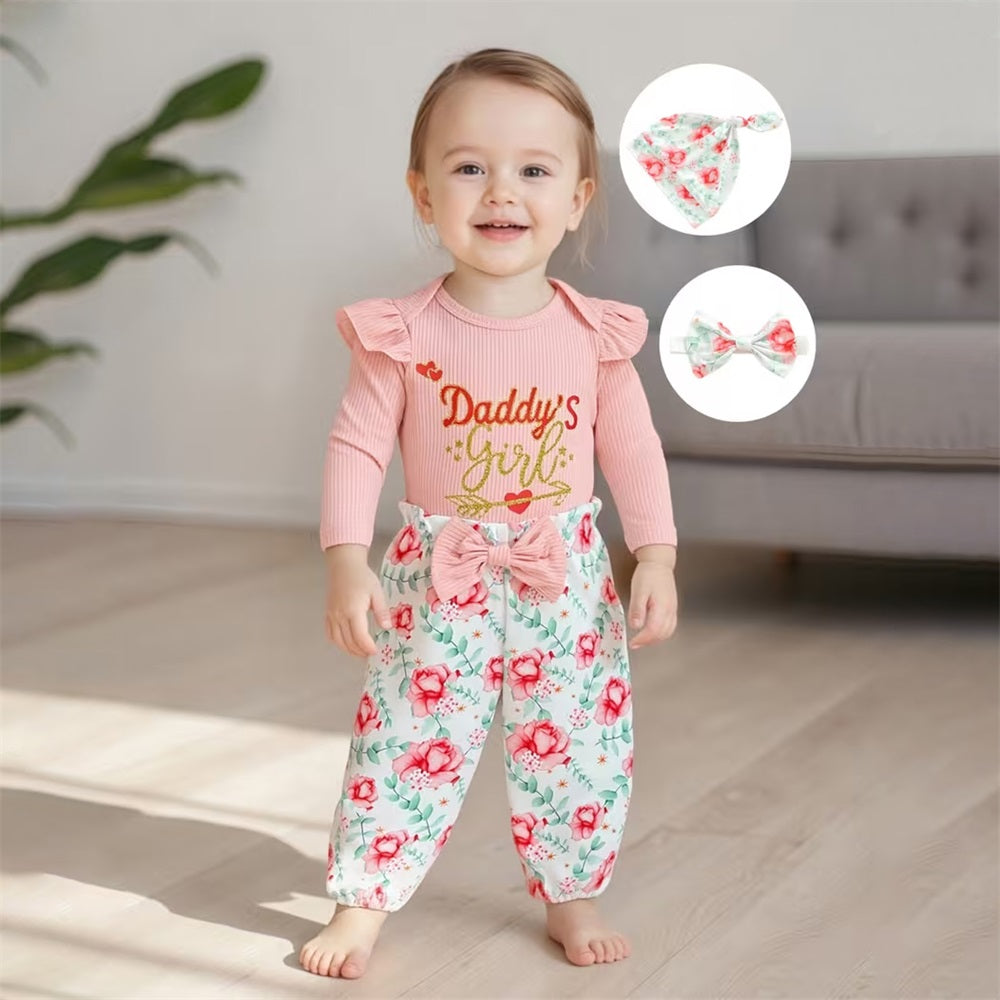 4PCS Daddy's Girl Letter Floral Printed Long Sleeve Baby Set