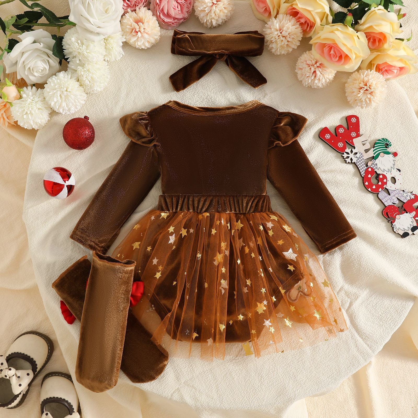 3PCS Lovely Christmas Elk Gingerbread Embroidery Velvet Baby Romper