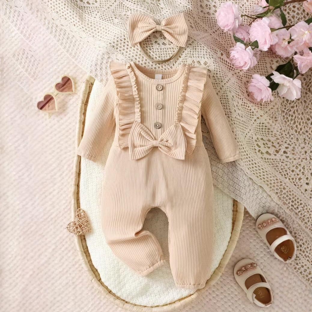 2PCS Comfy Solid Color Bowknot Long Sleeve Baby Jumpsuit