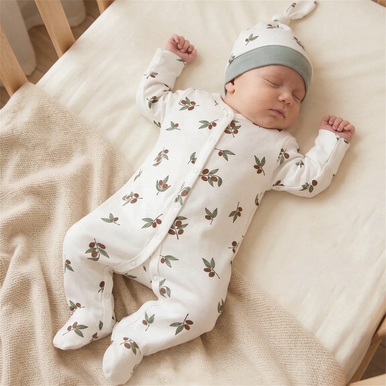 2PCS Olive Leaf Printed Long Sleeve Baby Jumpsuit