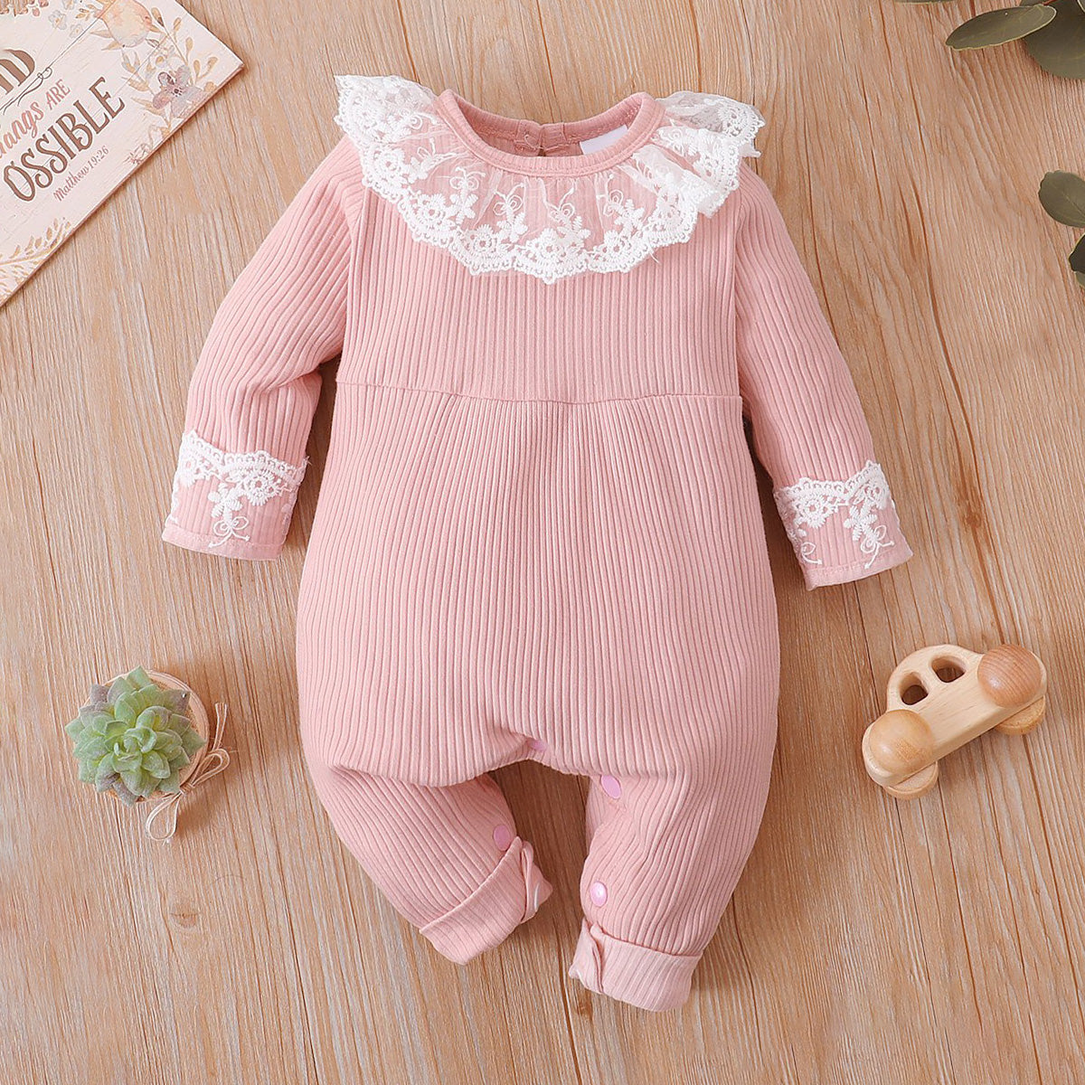 Solid Color Lace Long Sleeve Baby Jumpsuit