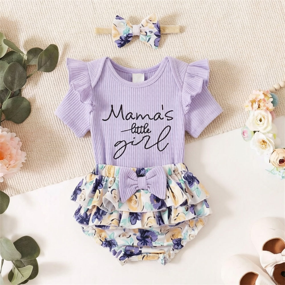 3PCS Mama's Little Girl Letter Floral Printed Short Sleeve Baby Set