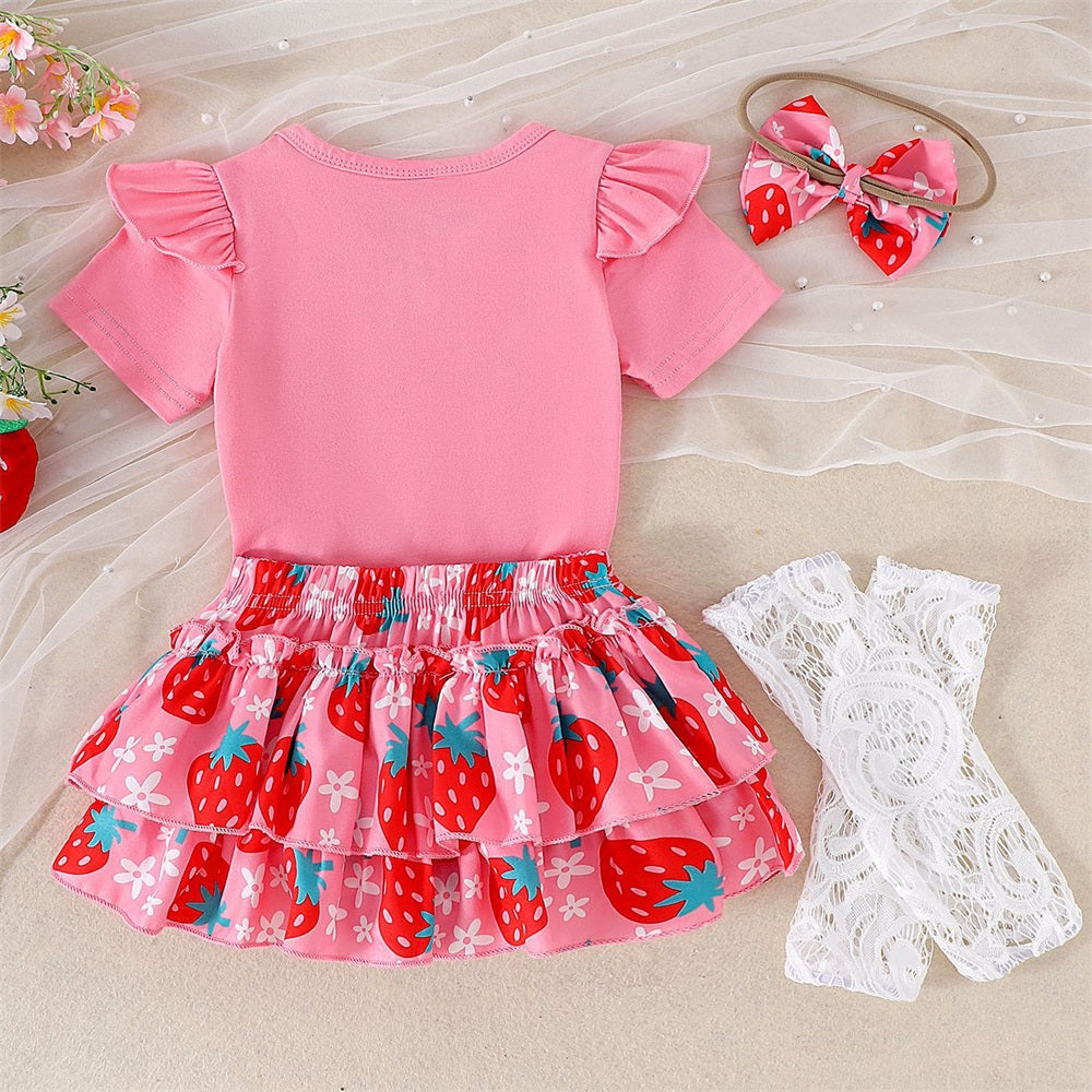 4PCS Sweet One Letter Strawberry Print Short Sleeve Baby Set