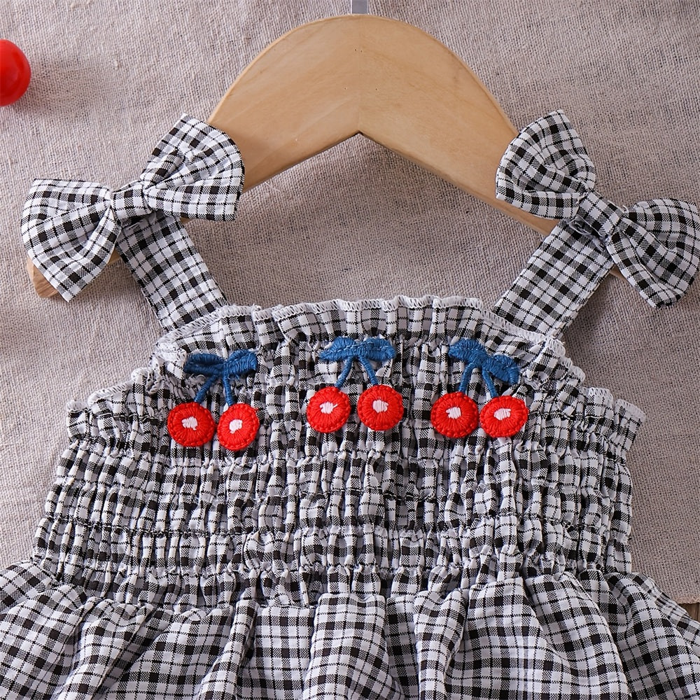 2PCS Sweet Cherry Embroidery Plaid Print Denim Baby Set