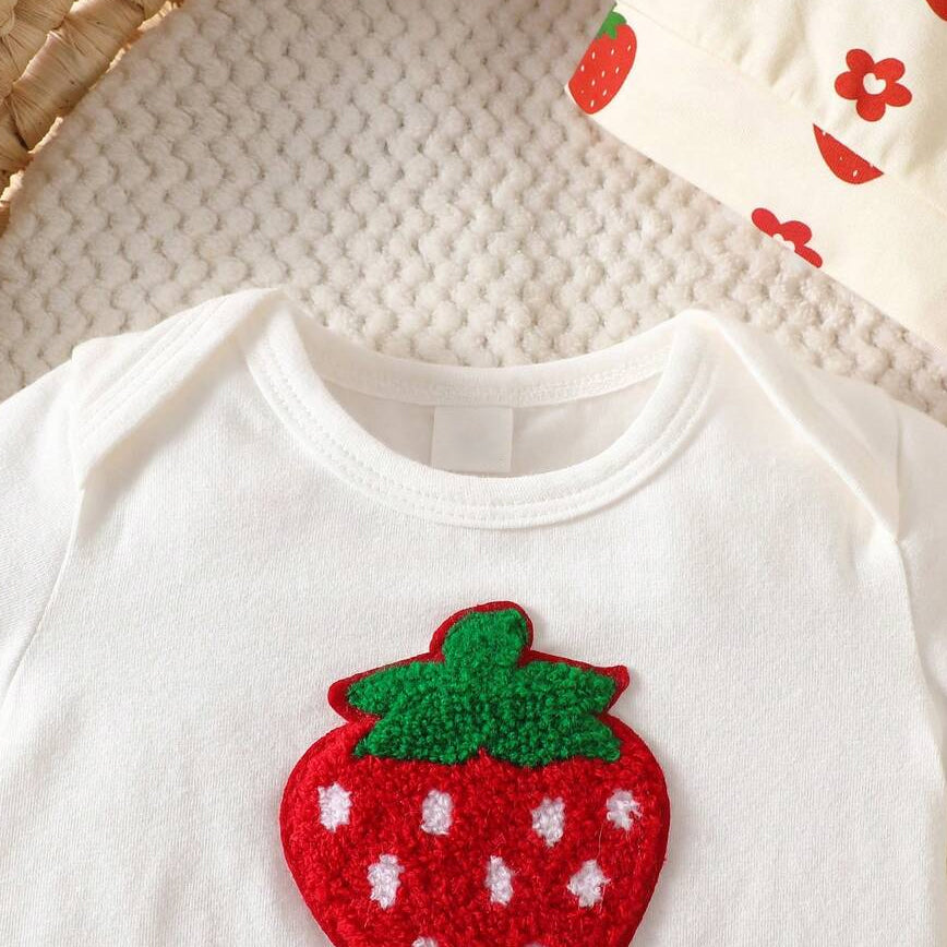 3PCS Lovely Strawberry & Floral Print Short Sleeve Baby Set