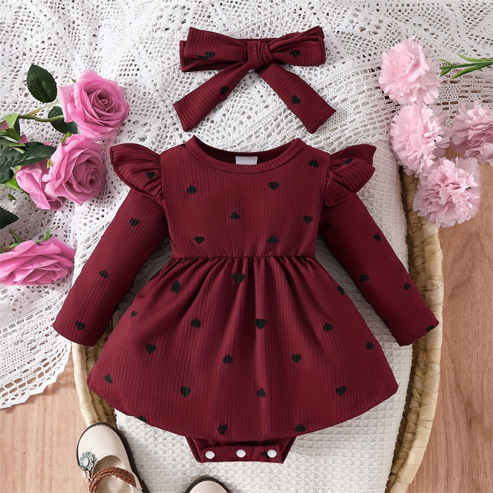 2PCS Cute Heart Print Ruffle Shoulder Long Sleeve Baby Romper