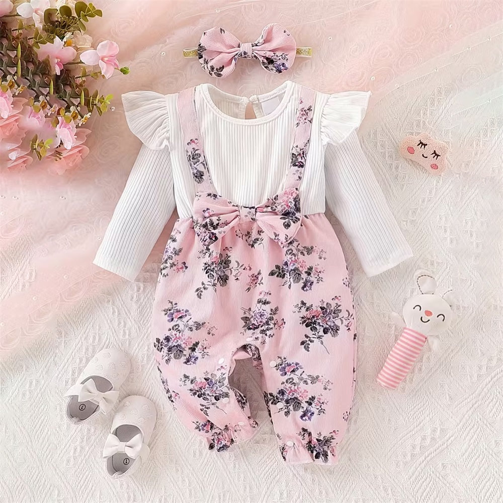 2PCS Sweet Floral Printed Bow Decoration Long Sleeve Baby Jumpsuit