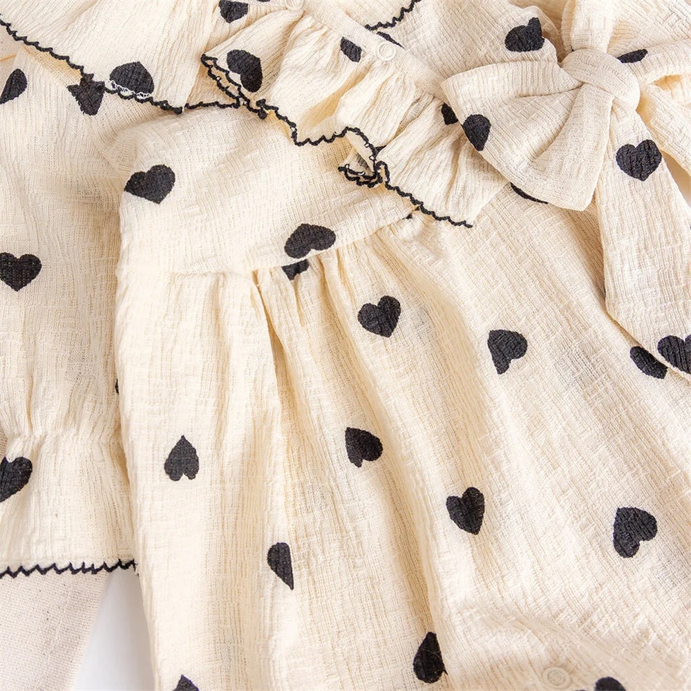 2PCS Grace Heart Print Ruffle Decor Long Sleeve Baby Jumpsuit
