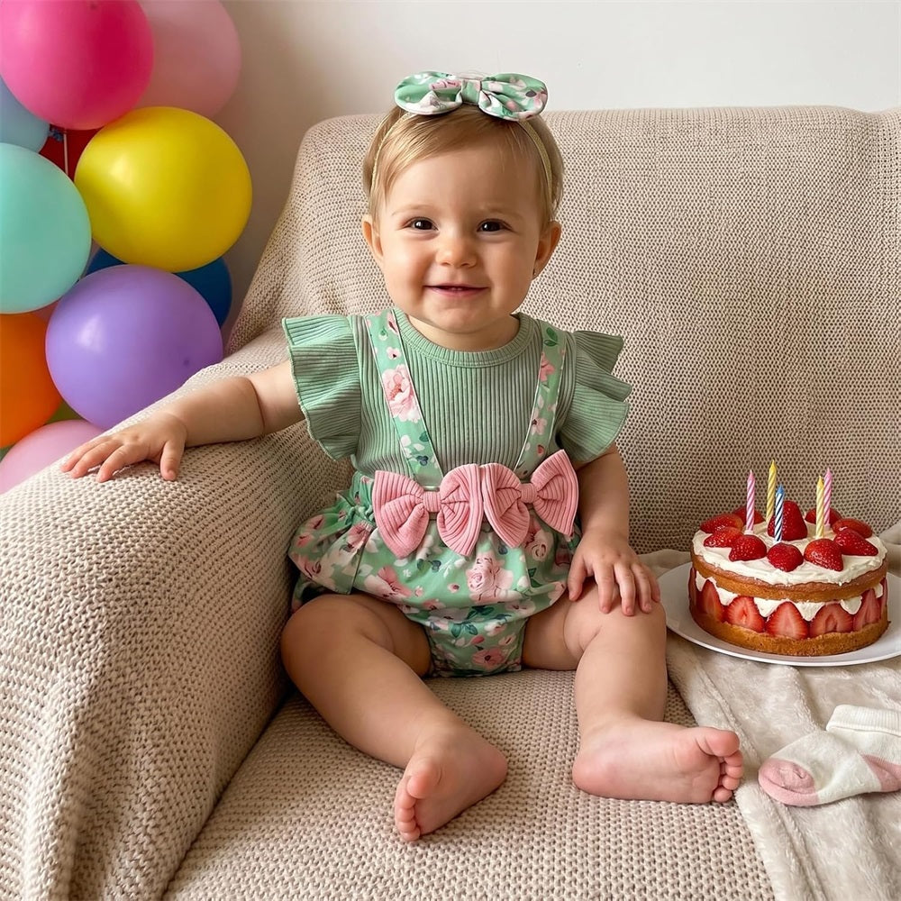 2PSC Trend Floral Printed Flounce Sleeve Baby Romper