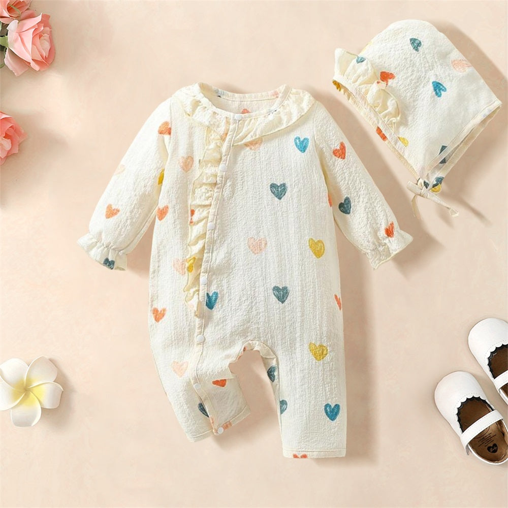 2PCS Colorful Heart Print Frill Long Sleeve Baby Jumpsuit