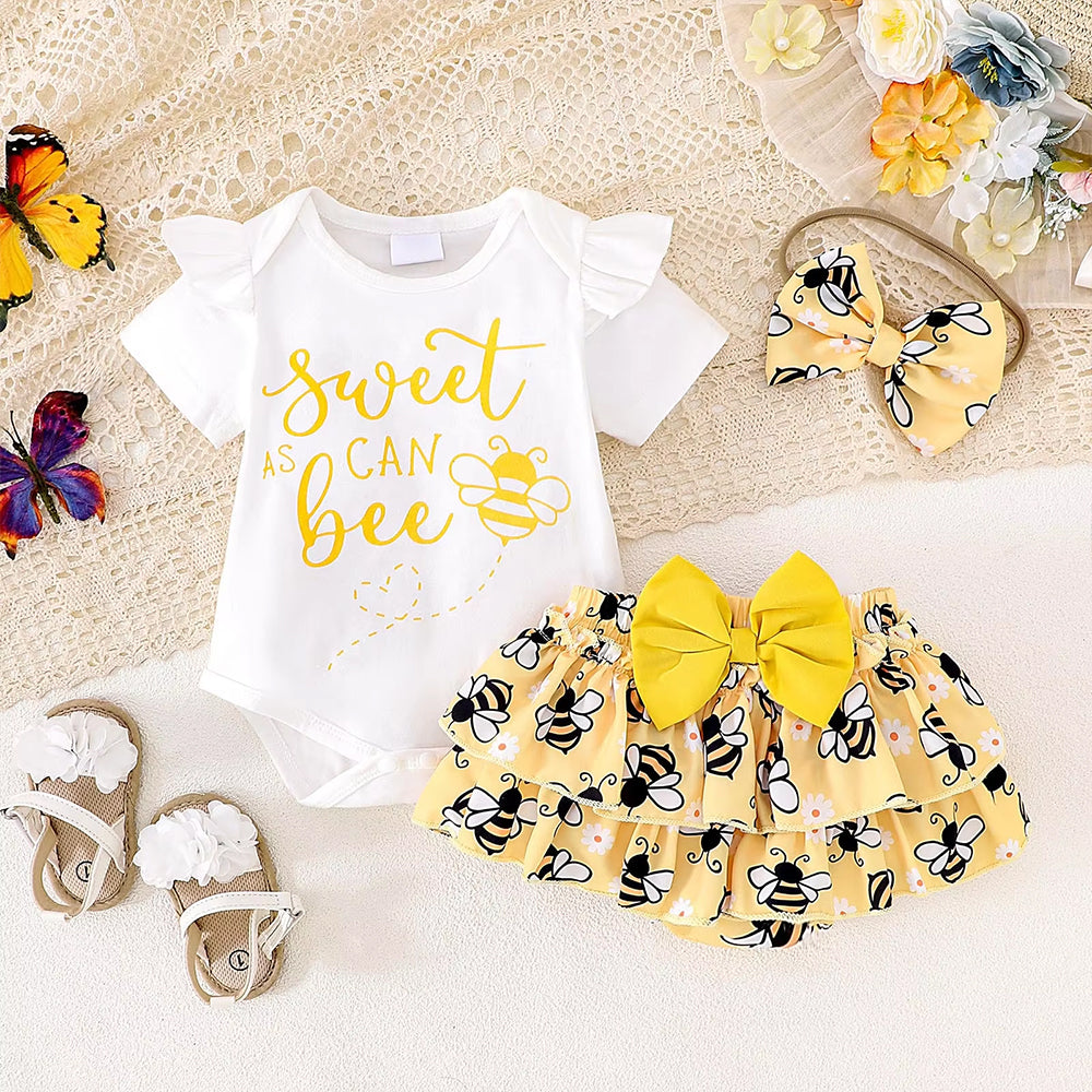 3PCS Sweet As Can Bee Letter Print Short Sleeve Baby Set