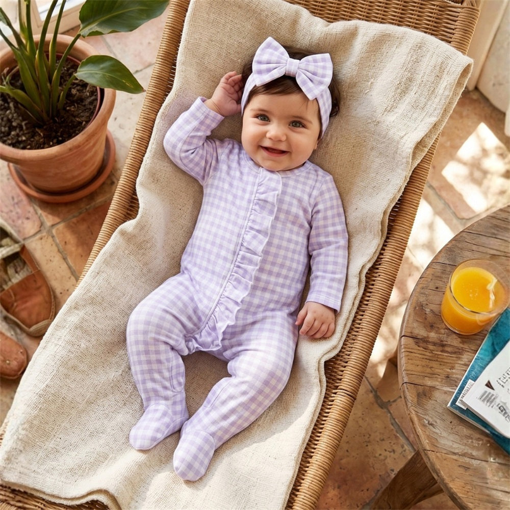 2PCS Casual Plaid Printed Long Sleeve Frill Trim Baby Jumpsuit