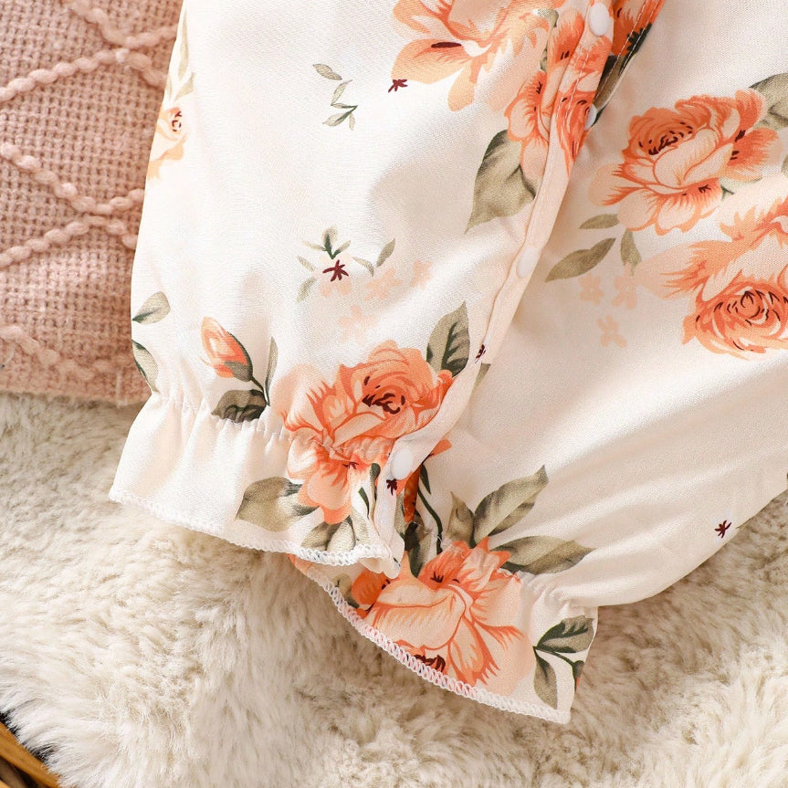 2PCS Comfy Floral Print Ruffle Baby Jumpsuit