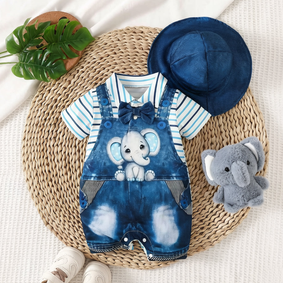 2PCS Stylish Elephant Stripe Print Short Sleeve Baby Jumpsuit