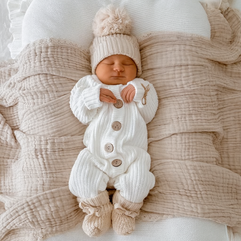 Chic Knit Solid Color Long Sleeve Baby Jumpsuit