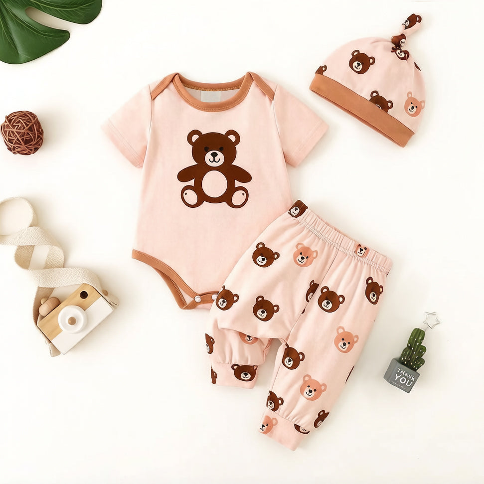 3PCS Cozy All-Over Bear Print Short Sleeve Baby Set