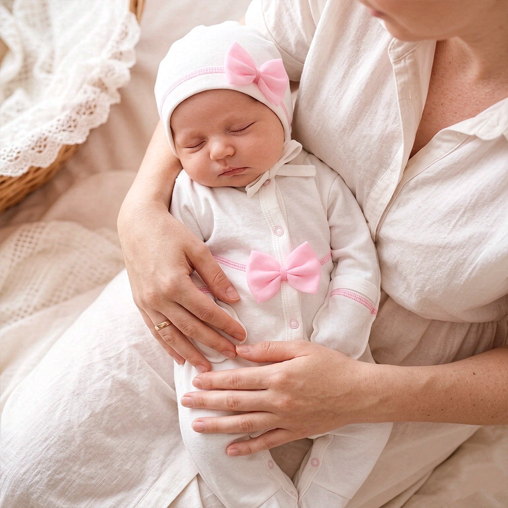 2PCS Elegant Solid Color Bow Long Sleeve Baby Girl Jumpsuit