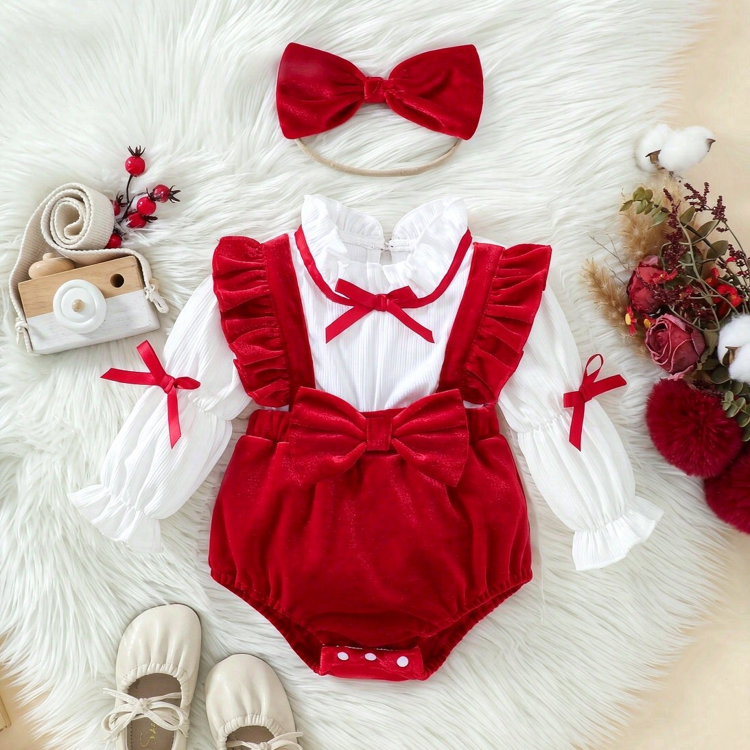 2PCS Christmas Bowknot Decor Long Sleeve Baby Velvet Romper