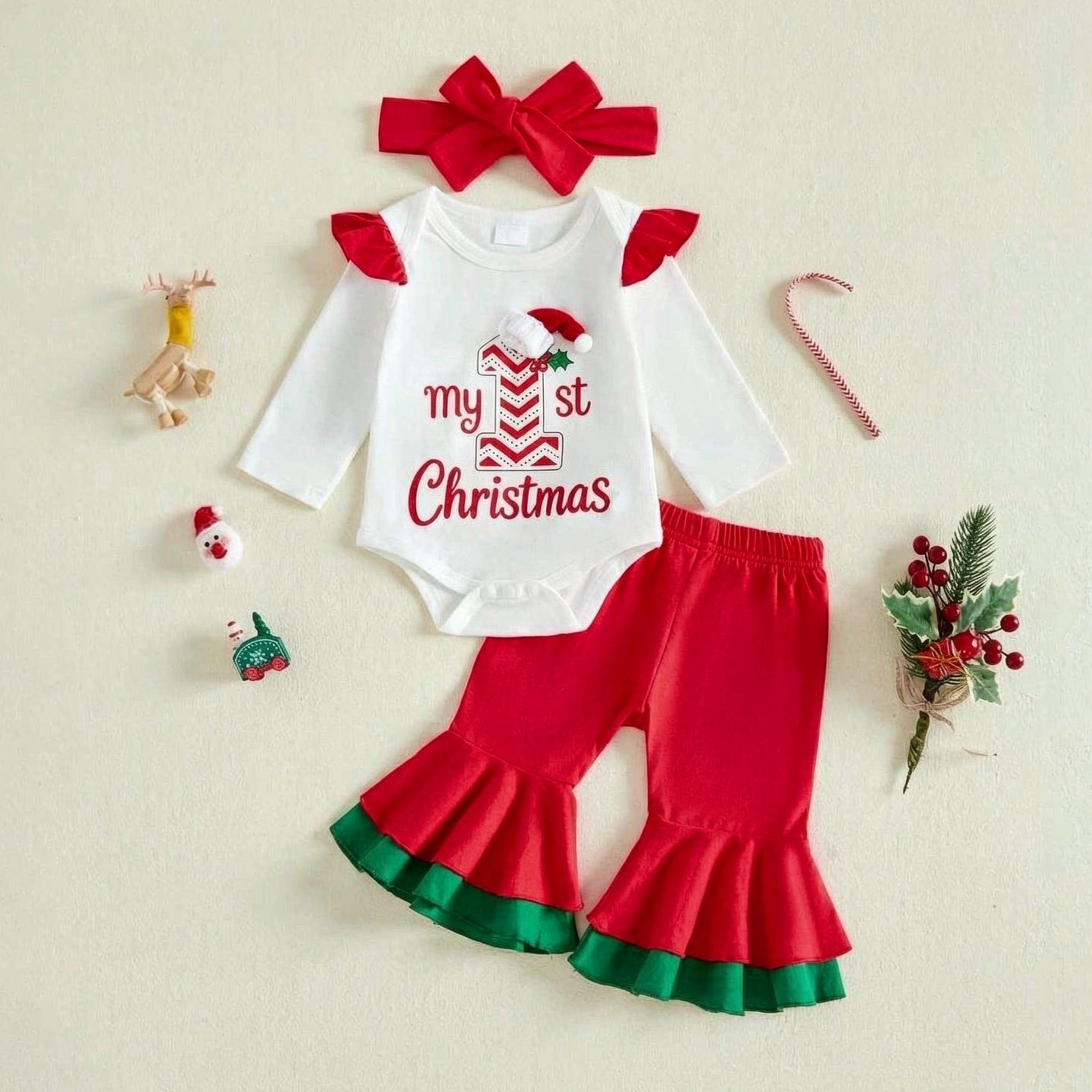 3PCS Pretty My 1st Christmas Letter Printed Long Sleeve Baby Set