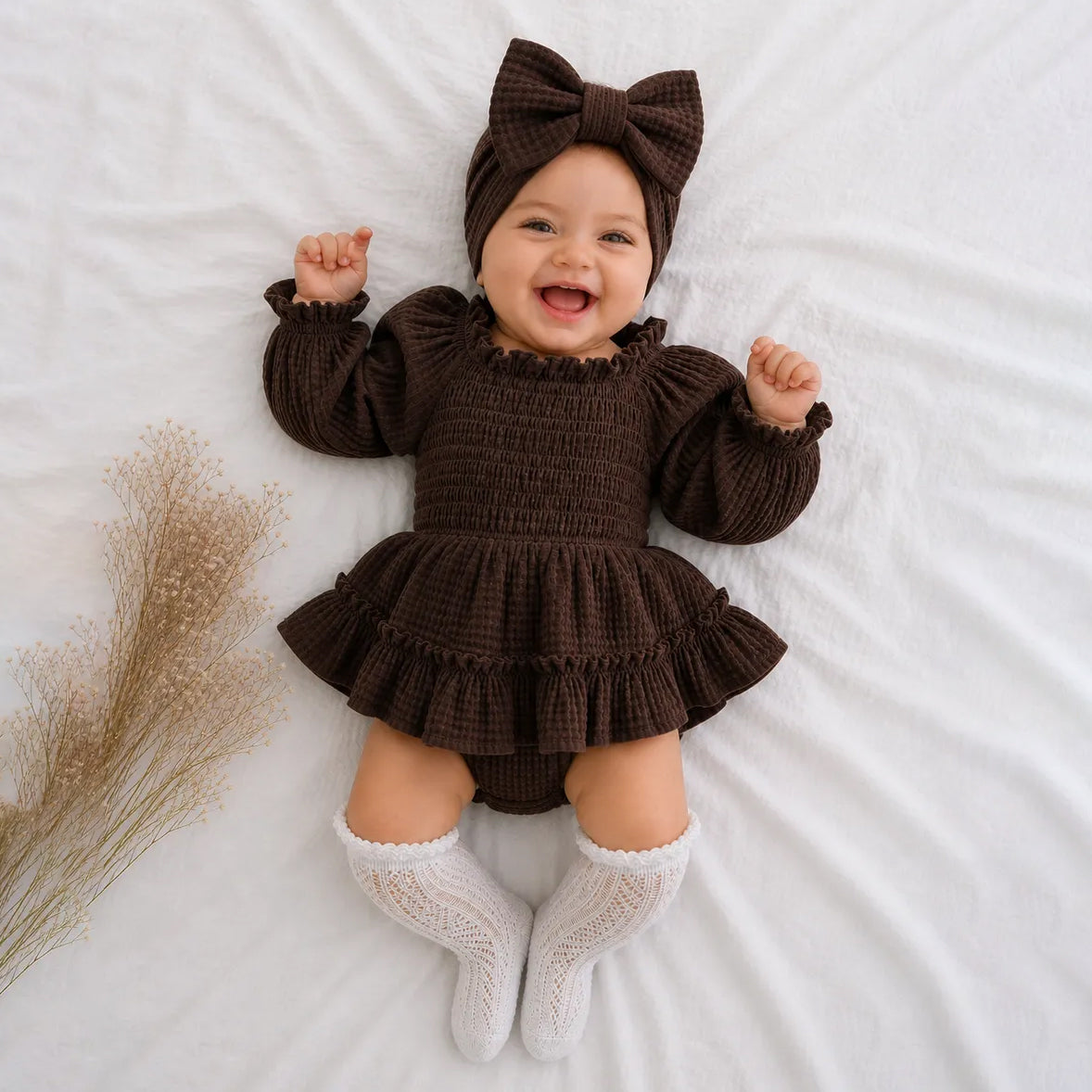 2PCS Casual Baby Girl Solid Color Ruffle Long Sleeve Romper