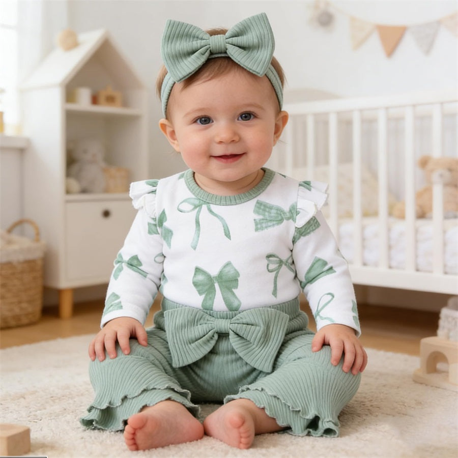 4PCS Lovely Bow Printed Long Sleeve Baby Girl Set