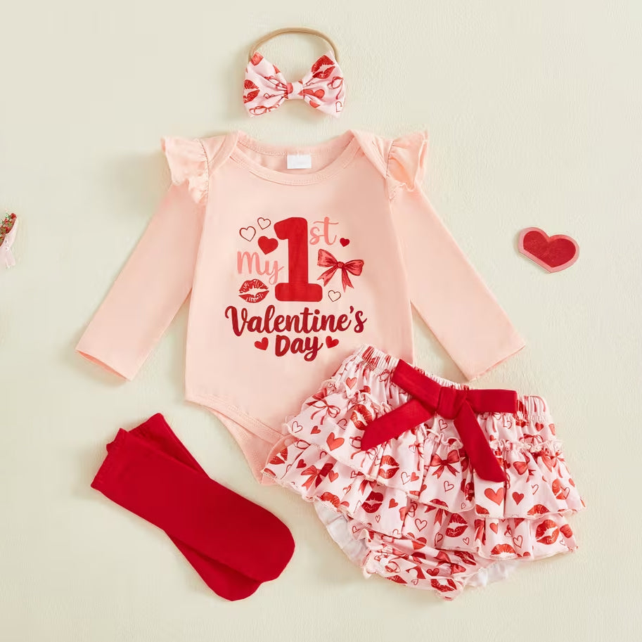 4PCS My 1st Valentine's Day Letter Heart Print Baby Set