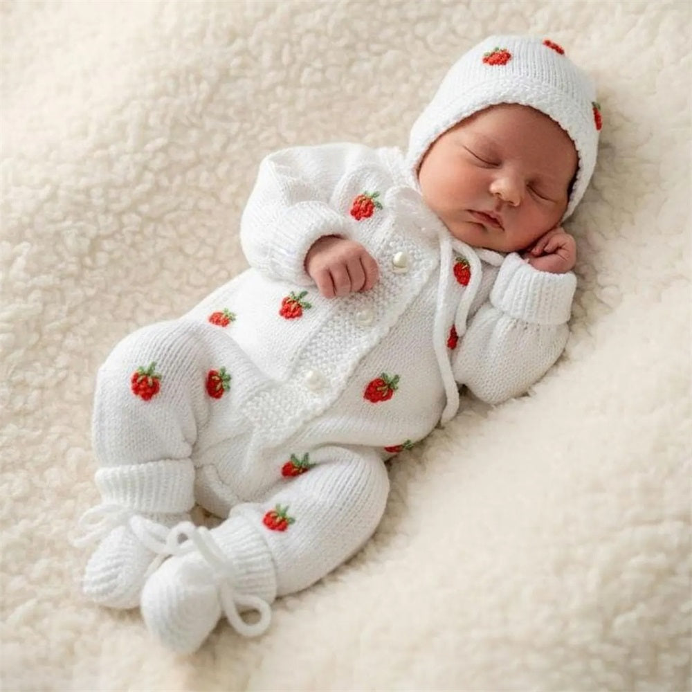 2PCS Strawberry Embroidered Knit Long Sleeve Baby Jumpsuit