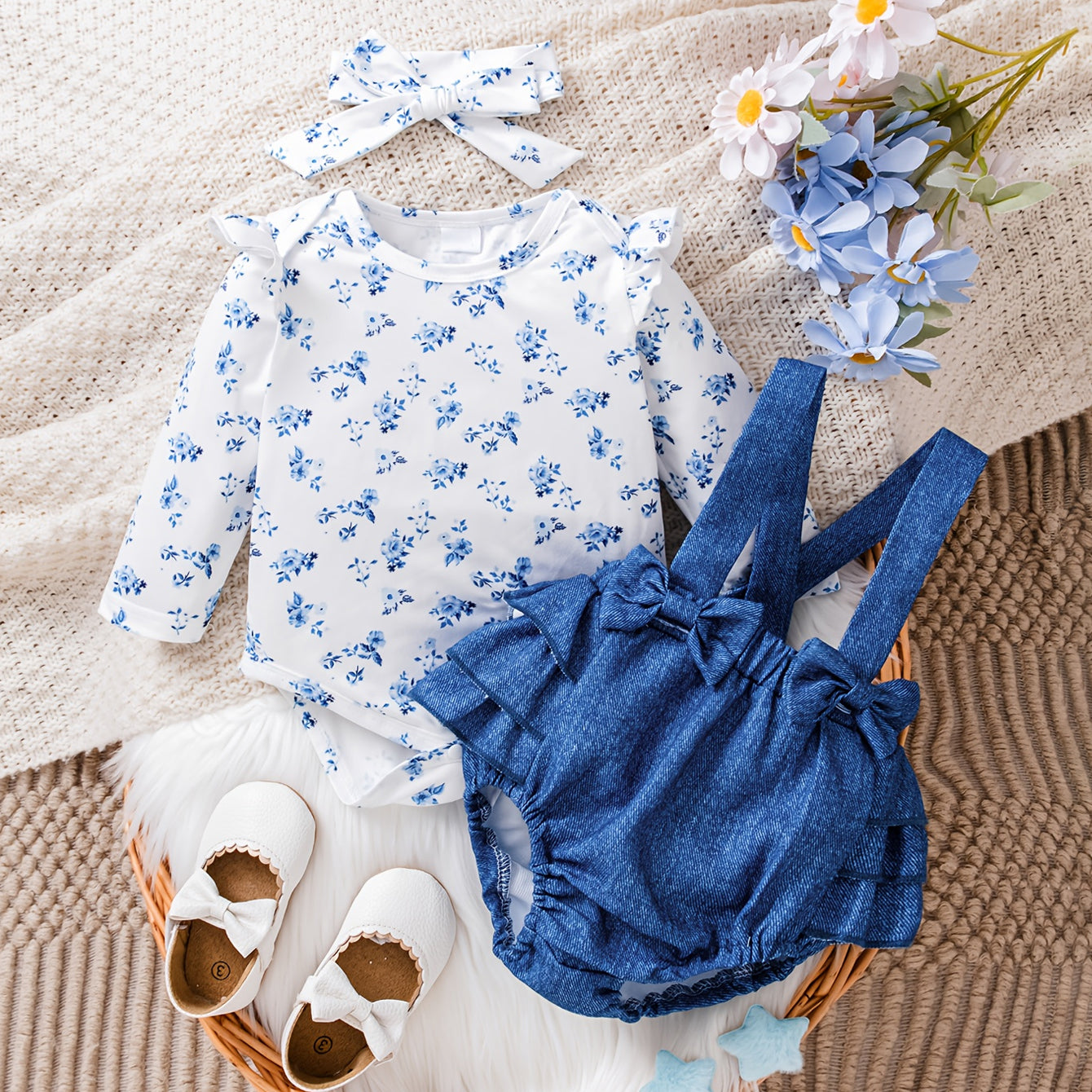 3PCS Gorgeous Floral Printed Long Sleeve Bowknot Baby Set