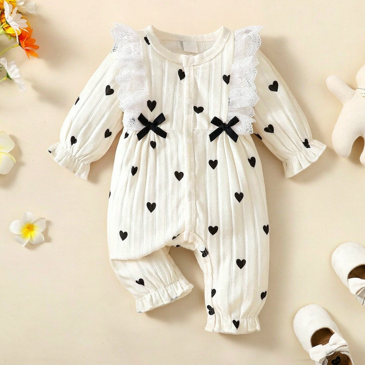 Elegant Heart Print Lace Trim Long Sleeve Baby Girl Jumpsuit